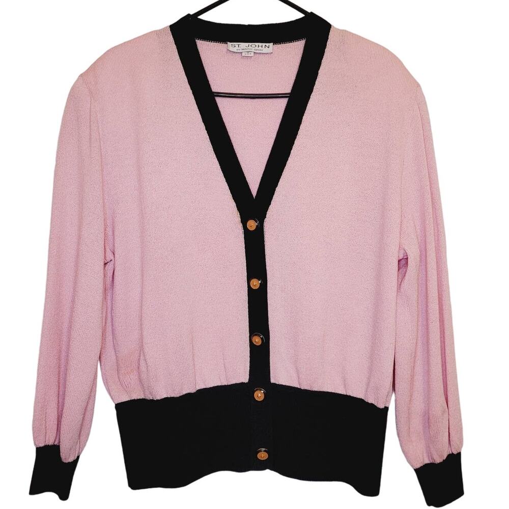 Vintage St. John Santana knit pink and black gold button cardigan 14 Old Money